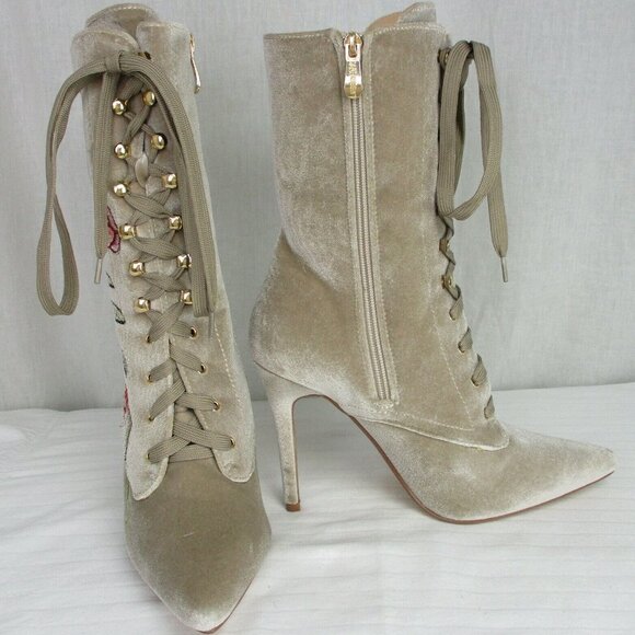 Cape Robbin Womens Embroidered Velvet Lace-up Mid-Calf Stiletto Heel Boot Nude - Picture 8 of 9
